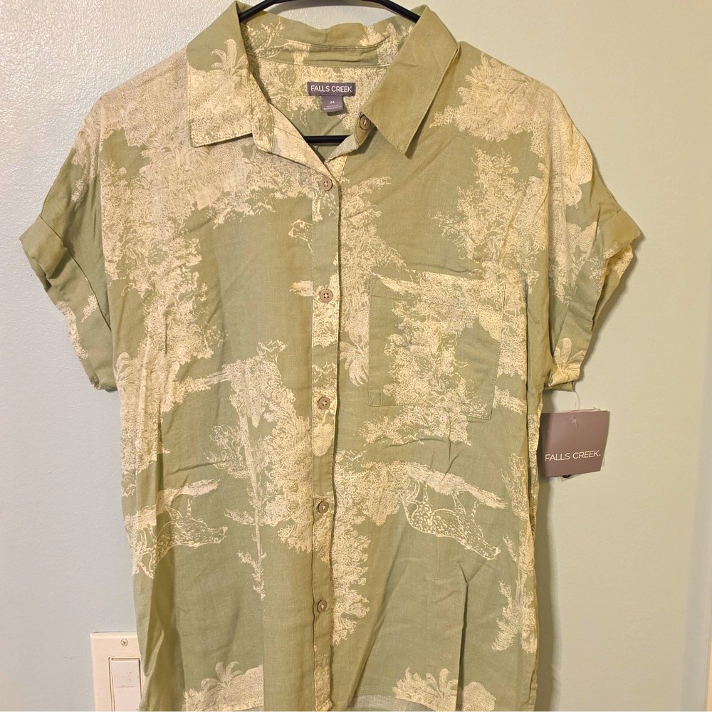 Falls Creek Men's Woven Linen Rayon Short Sleeve Button-Up Floral Pockets M #81